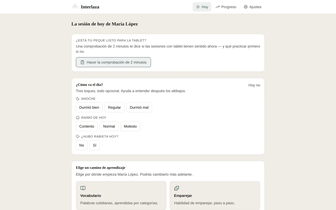 La pantalla Hoy del plan Familia: la sesión del día ya preparada, con el registro diario opcional y la comprobación de preparación al lado