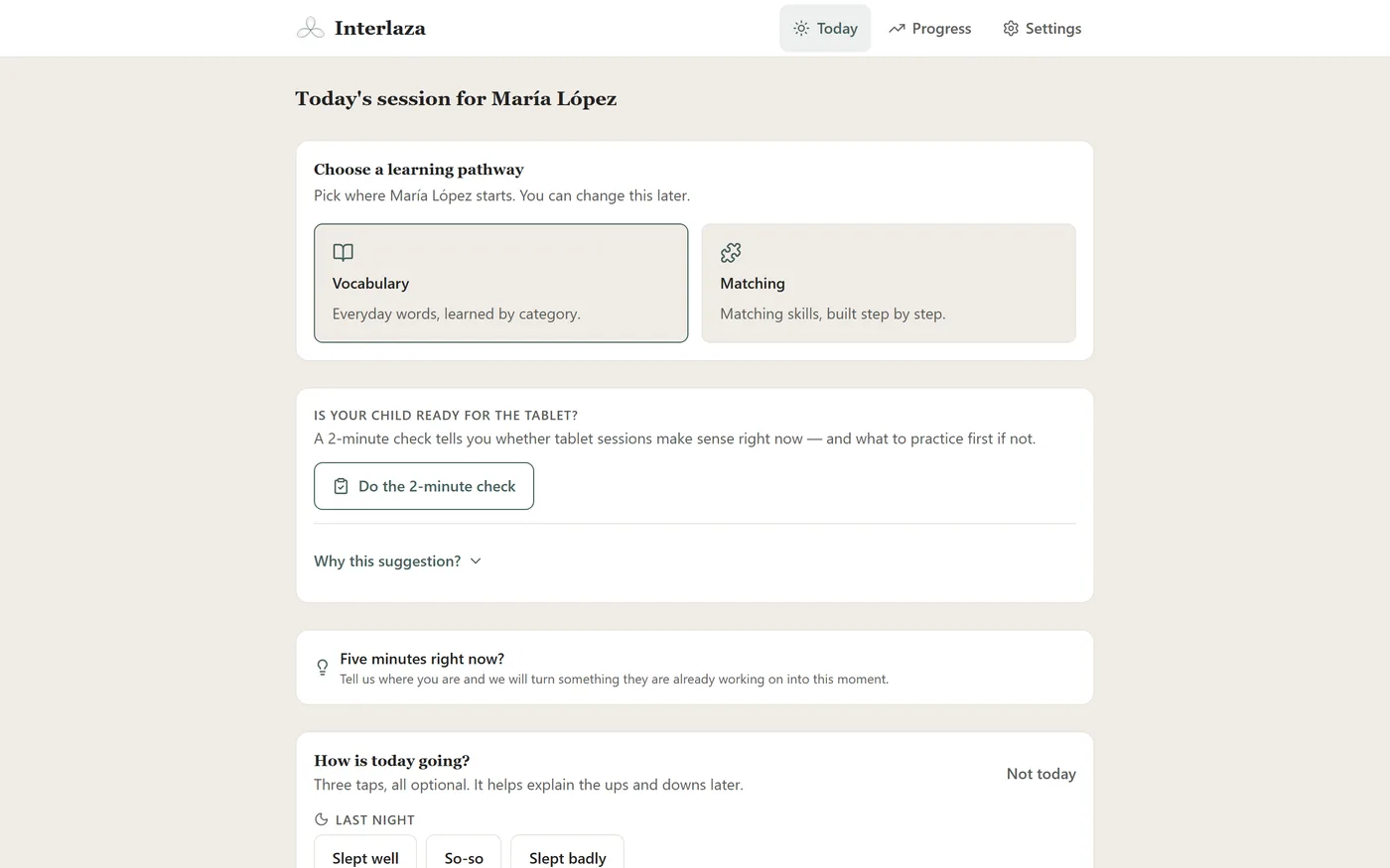 The Today screen of the Family plan: the choice between a vocabulary pathway and a matching pathway, the two-minute readiness check and the optional daily log