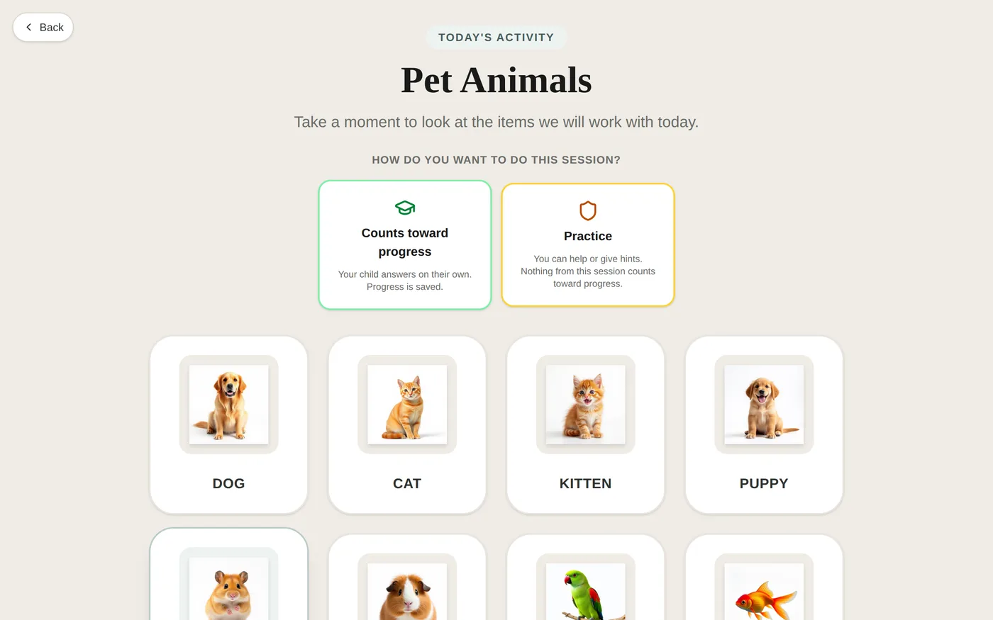 The activity introduction screen: today's concepts shown as a grid of pictures, with the choice between a session that counts toward progress and a practice session