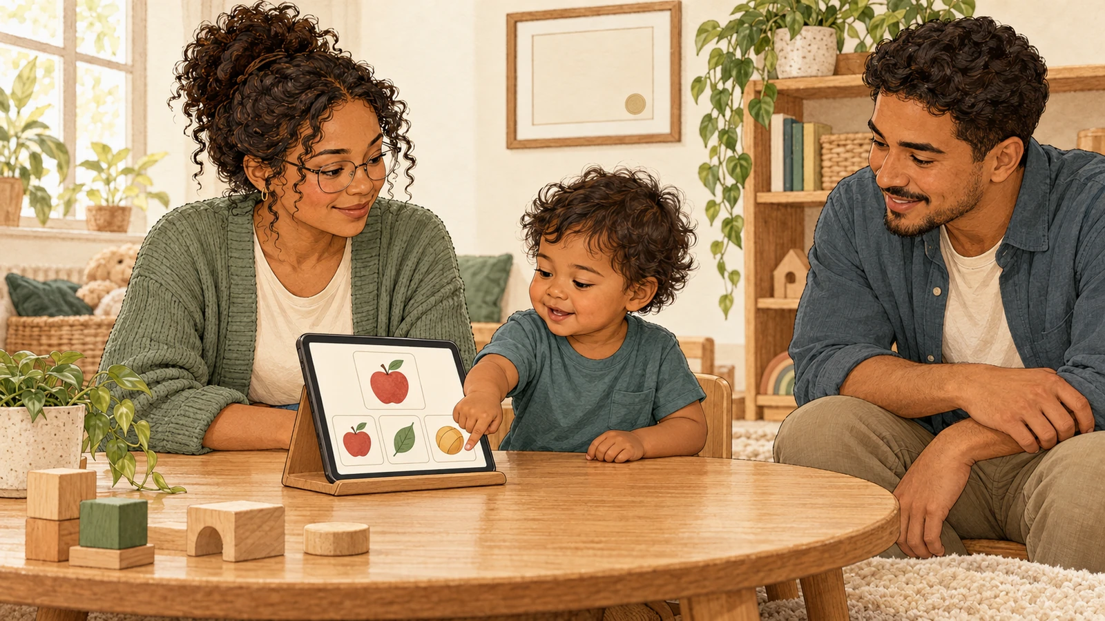 Ilustración: una Instructora junto a un niño pequeño que toca la imagen igual en una tablet, mientras su padre mira.