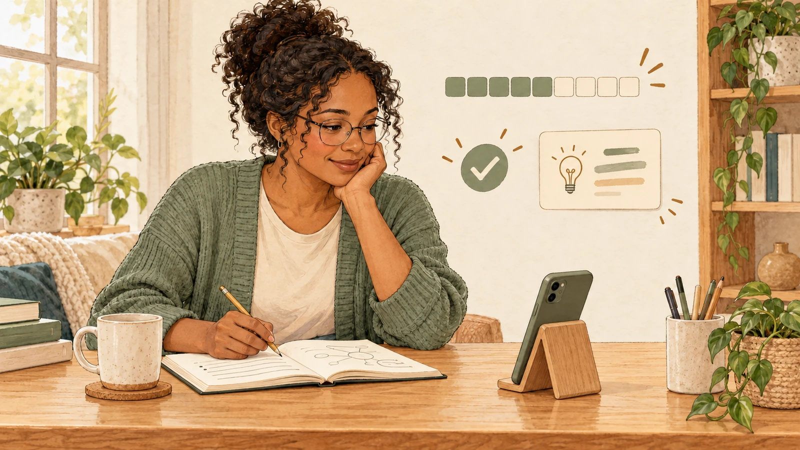 Ilustración: una candidata estudia en su mesa con un cuaderno e Interlaza Prep abierto en el móvil.