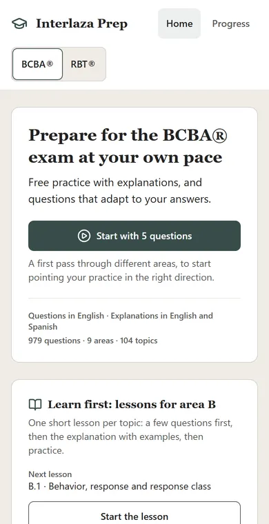 Interlaza Prep home screen on a phone: a button to start with 5 questions and the size of the question bank.