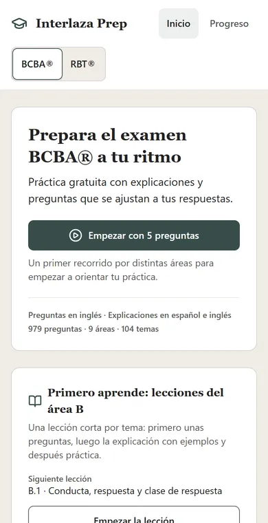 Pantalla de inicio de Interlaza Prep en un móvil: un botón para empezar con 5 preguntas y el tamaño del banco de preguntas.
