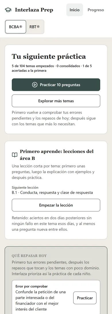 Pantalla de inicio al volver, en un móvil: la siguiente práctica y una lista de errores que comprobar hoy.