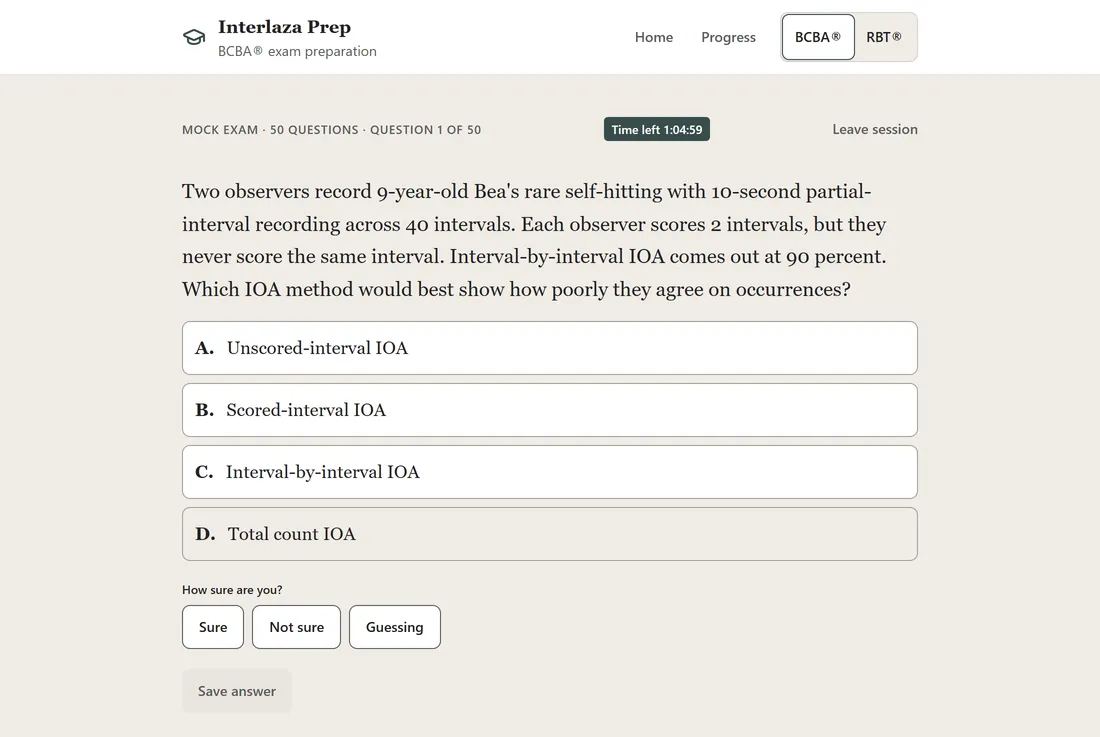 A mock-exam question on a computer, with the timer and the confidence buttons.