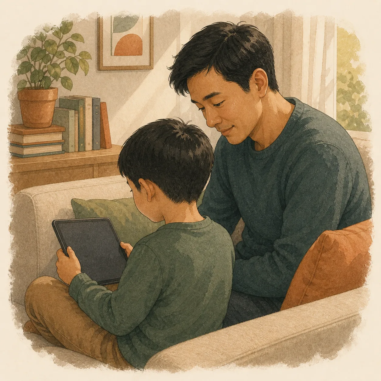 Mother and child practicing together with a tablet on her lap