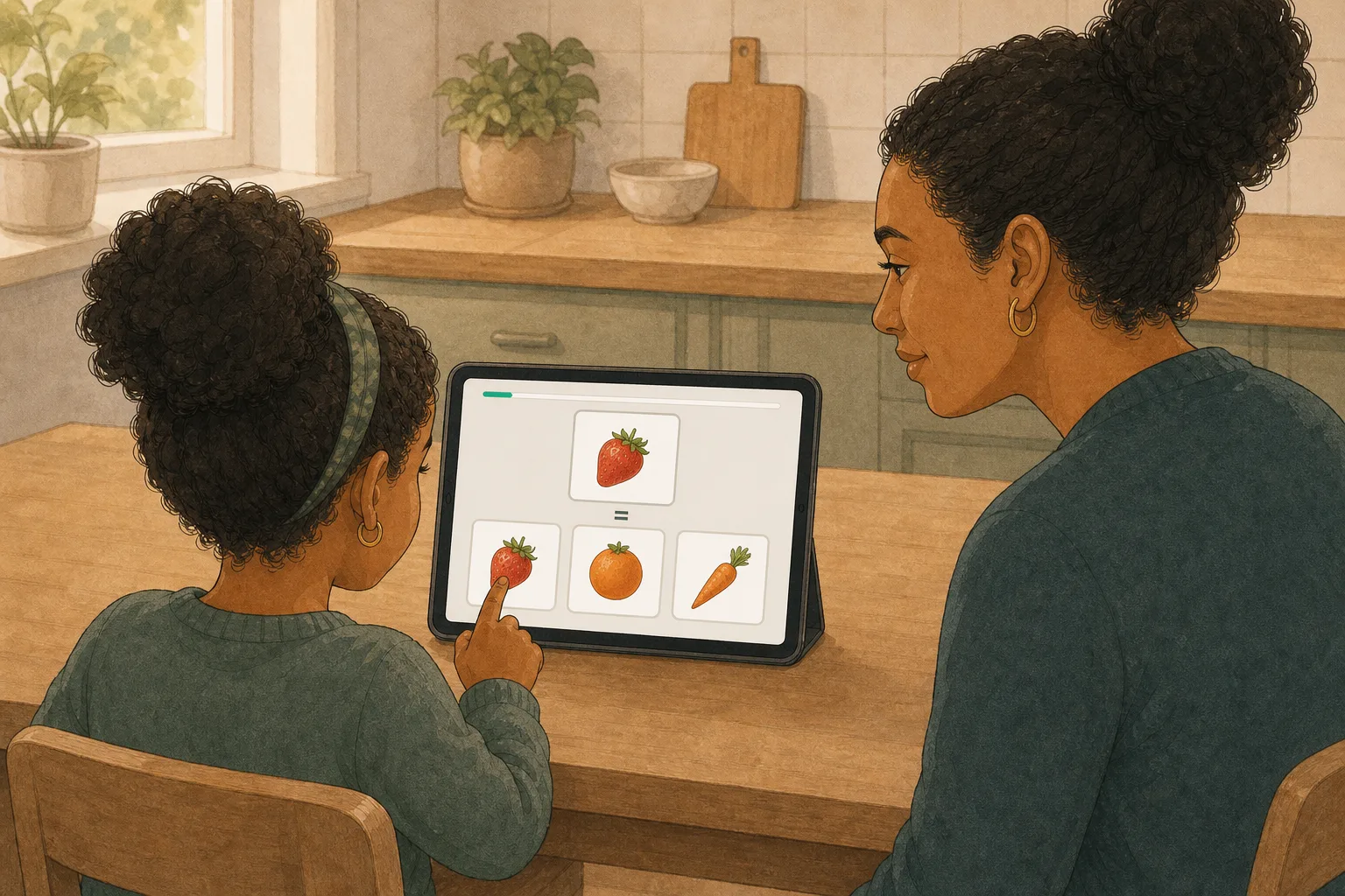 A child at a table taps the matching picture on a tablet while an adult sits beside them, smiling