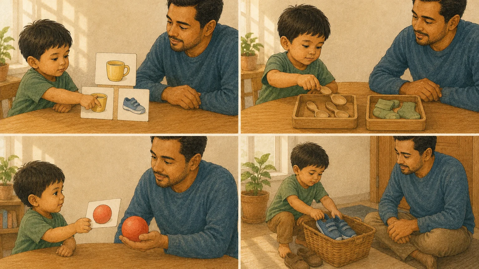Cuatro escenas muestran emparejar tarjetas de tazas, separar cucharas de calcetines, pedir una pelota con una tarjeta y guardar zapatos en una cesta.