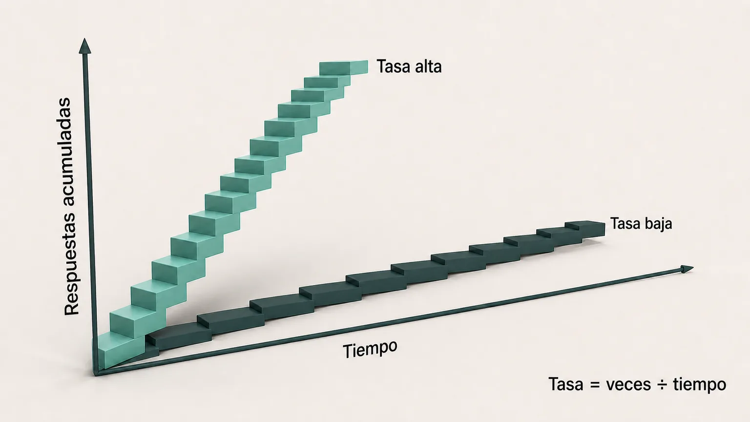 Dos escaleras que suben desde el mismo origen sobre unos ejes de tiempo y respuestas acumuladas: una muy inclinada, etiquetada tasa alta, y otra casi plana, etiquetada tasa baja.