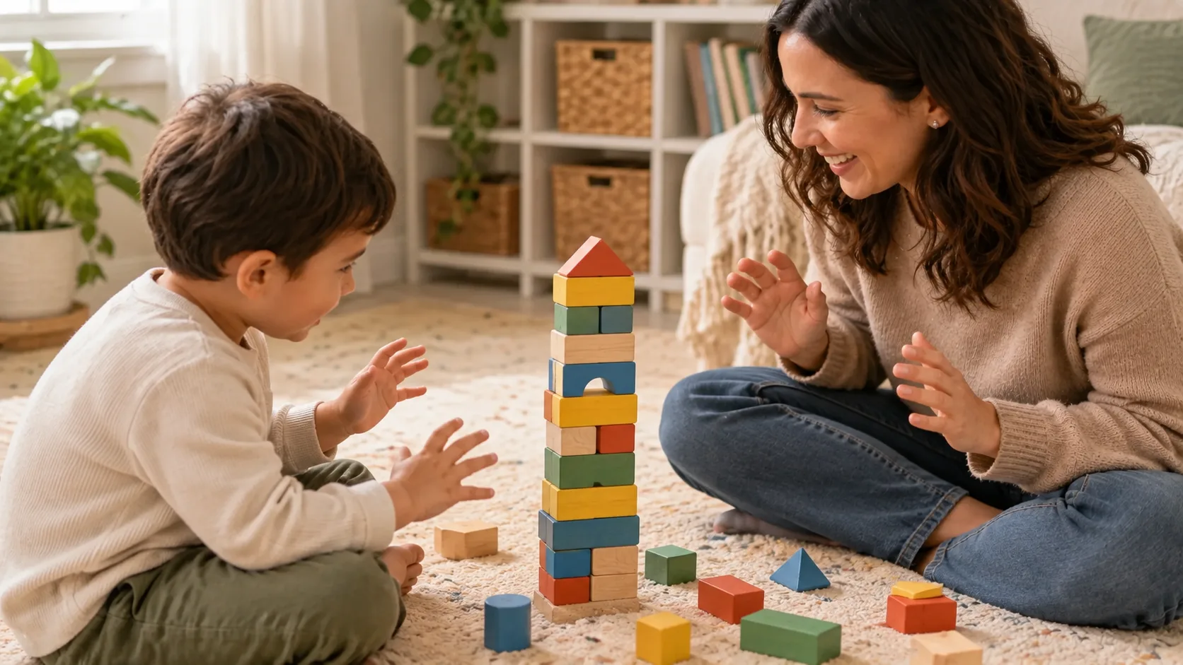Una persona adulta y un niño construyen una torre de bloques