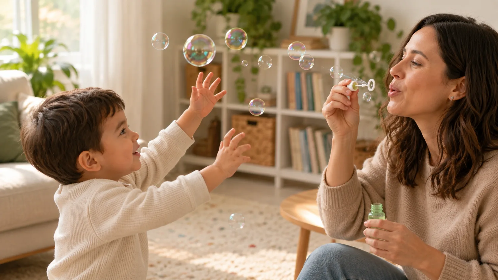 Una persona adulta hace pompas mientras un niño intenta alcanzar una