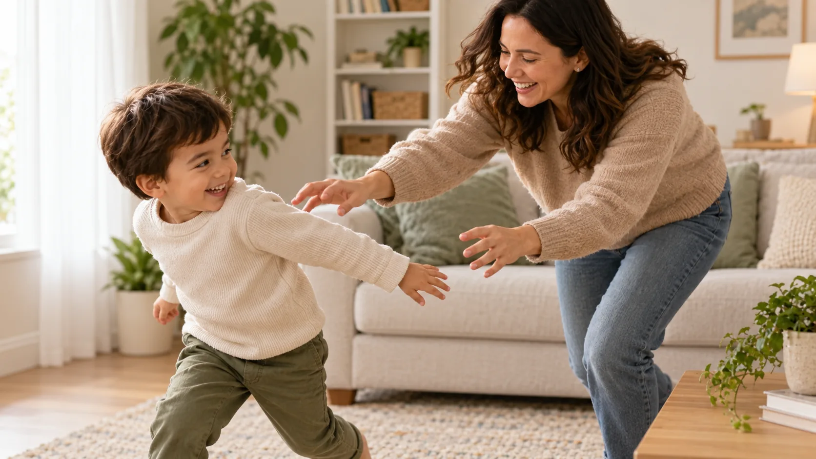 Una persona adulta y un niño juegan a perseguirse y hacerse cosquillas