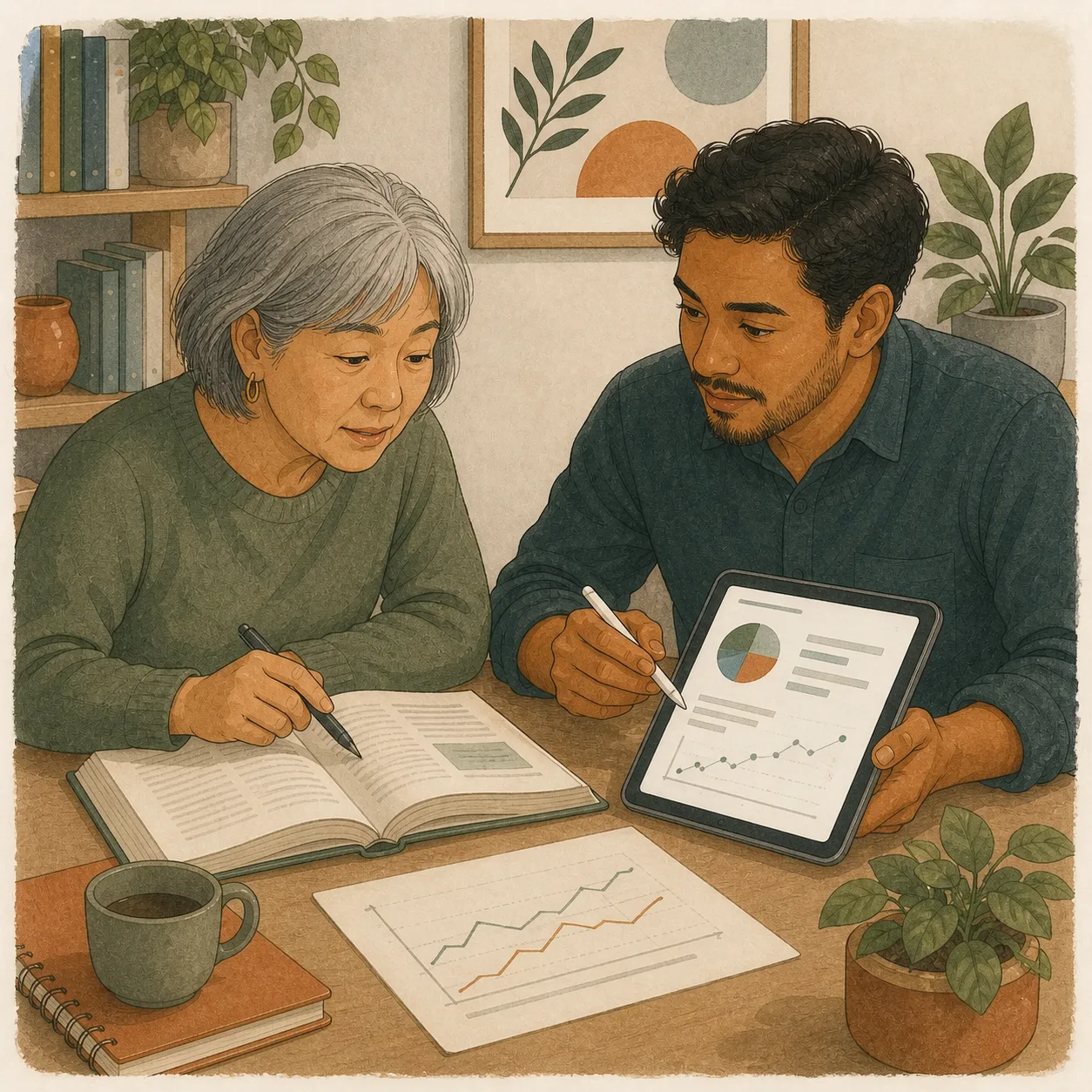 Dos investigadores comparando resultados en un panel